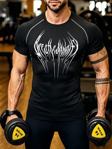 Streetwear Men's Black Athletic Workouts Compression T-Shirt Quick-Dry Breathable Slim Fit & Muscle Support Gothic Death Spiked Metal Font Print Gym Training Tee Top