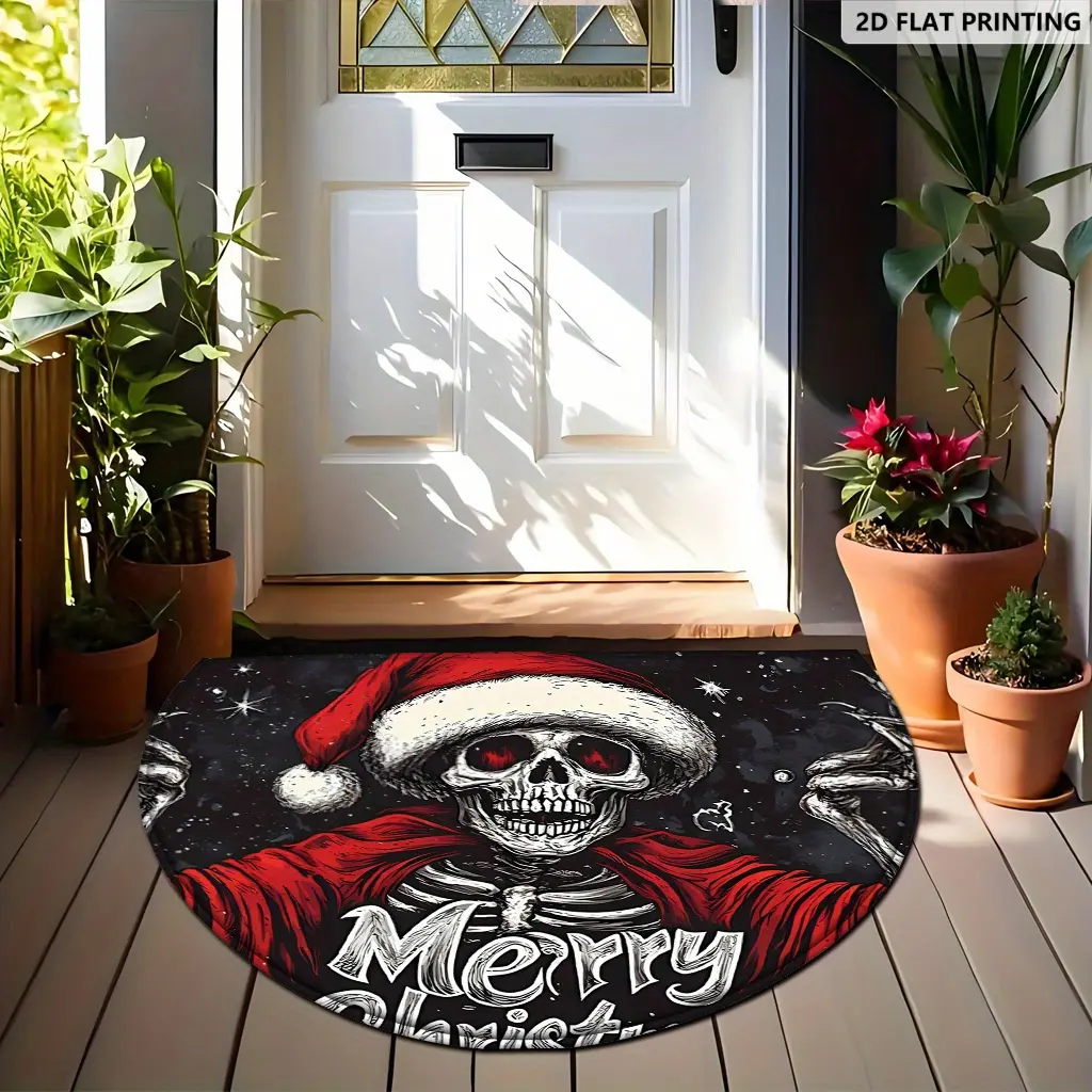 1 piece Skull Christmas themed Printed floor mat, machine washable, lightweight, non-slip bottom, suitable for kitchen, hallway, bathroom, bedroom, living room, indoor and outdoor, front door, holiday gifts, welcome mat