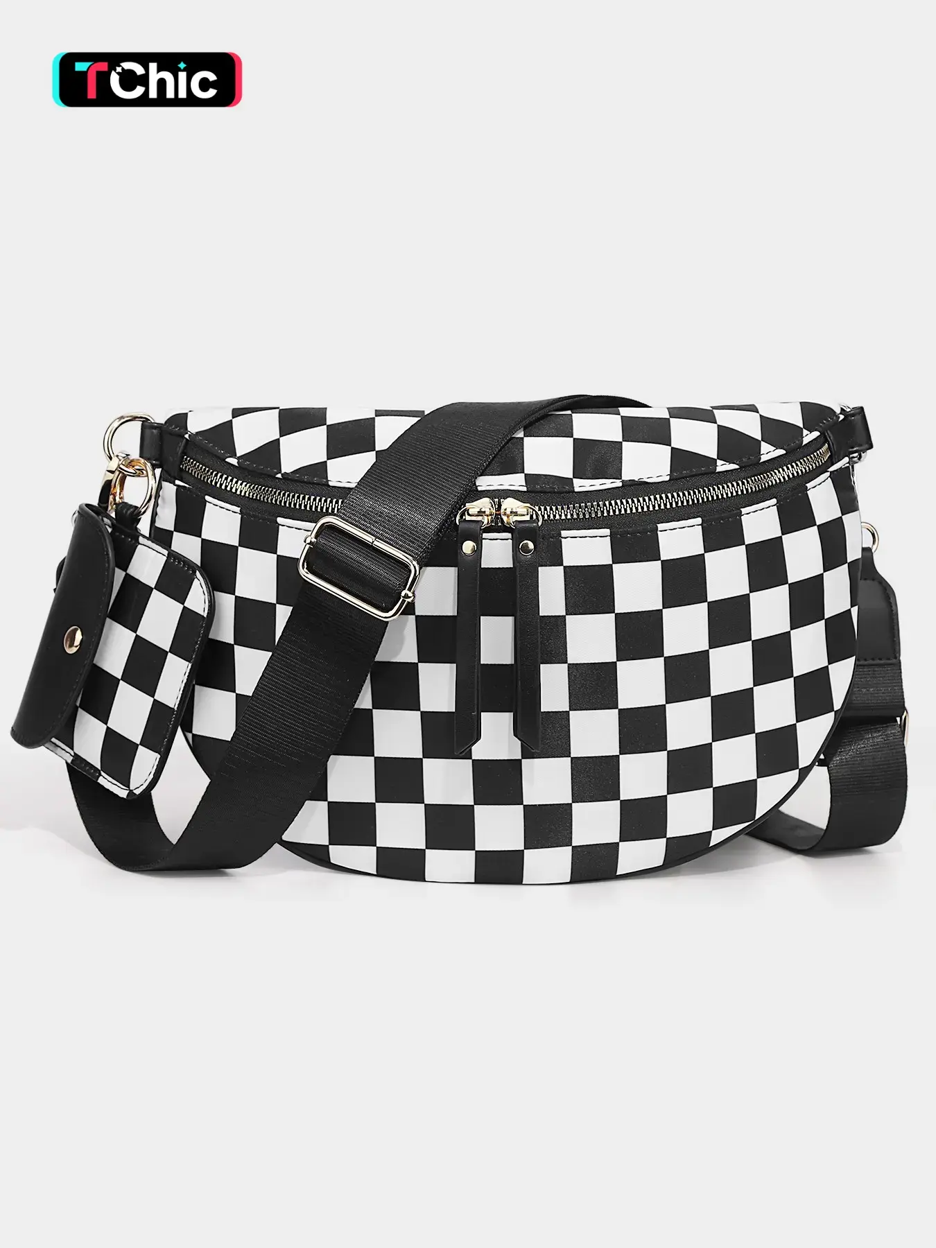 Checked Pattern Crossbody Bags for Women, Women's Zipper Fanny Pack with Nylon Headphone Bag, Fashion Shoulder Bag with Adjustable and Removeable Straps for Daily Shopping Travel, Checkered Belt Bag