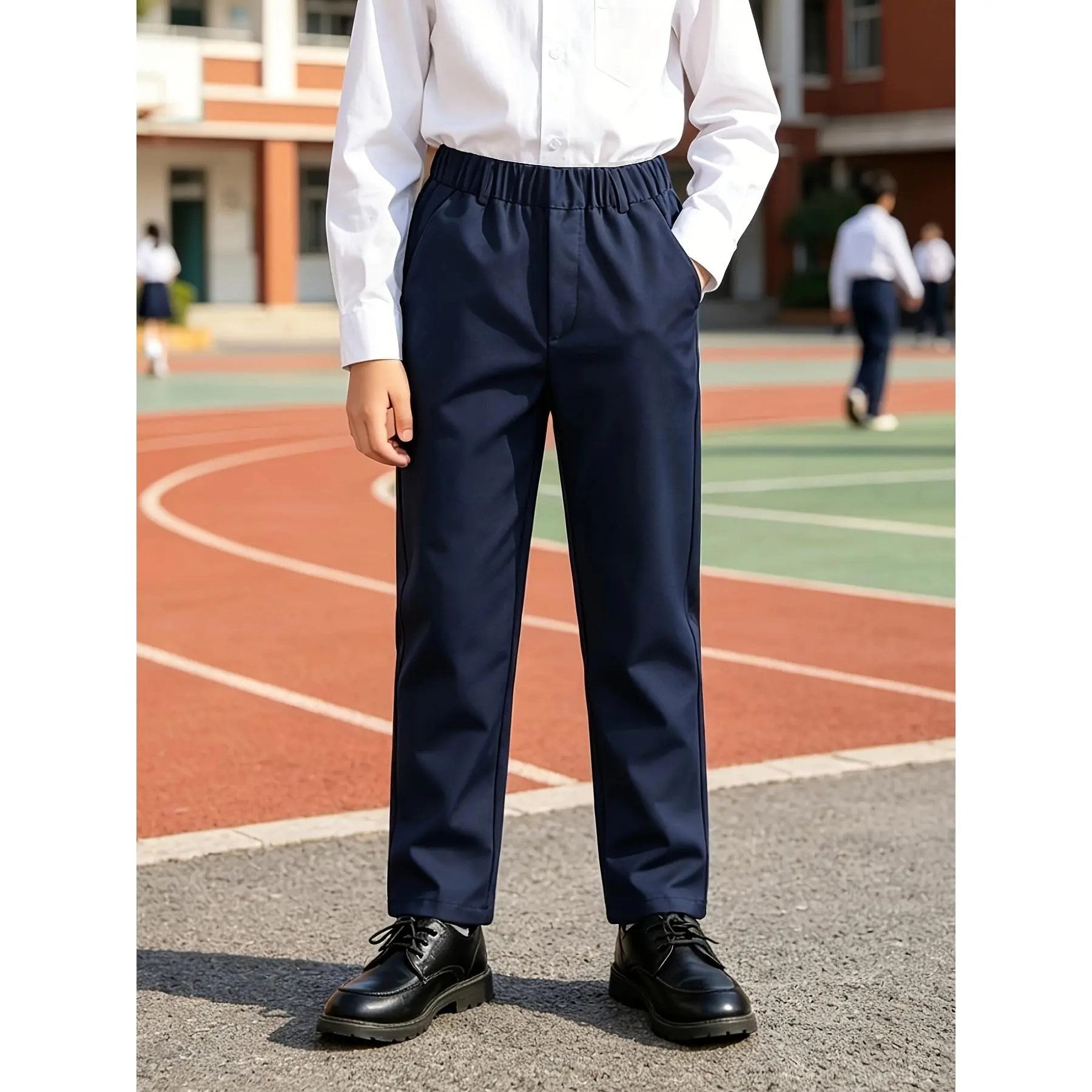 Anti-wrinkle, no-iron children's dress pants with elastic waist, boys' school uniform pants, loose performance pants, navy blue long pants