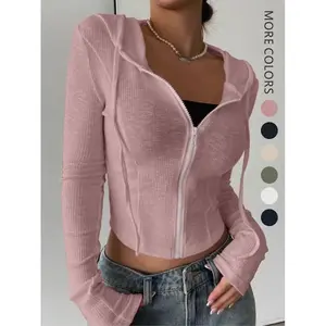 Spring Summer Long Sleeve Knit Sweater Fashion Casual Open Front Top Slim Fit Sporty Womenswear Lady Hoodie Sweatshirts Short Zipper Hooded Pullover Casual Drawstring Hooded