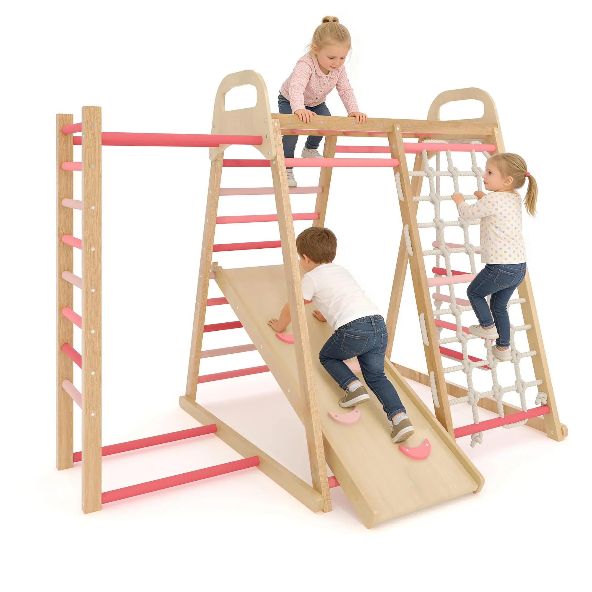 7-in-1 Wooden Indoor Jungle Gym for Toddlers – Sturdy Climbing Frame, Reversible Slide, Ramp, Swing, Monkey Bars, Rope Net, Sensory Playground, 485lbs Capacity, FSC/Certified