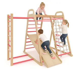 7-in-1 Wooden Indoor Jungle Gym for Toddlers – Sturdy Climbing Frame, Reversible Slide, Ramp, Swing, Monkey Bars, Rope Net, Sensory Playground, 485lbs Capacity, FSC/Certified