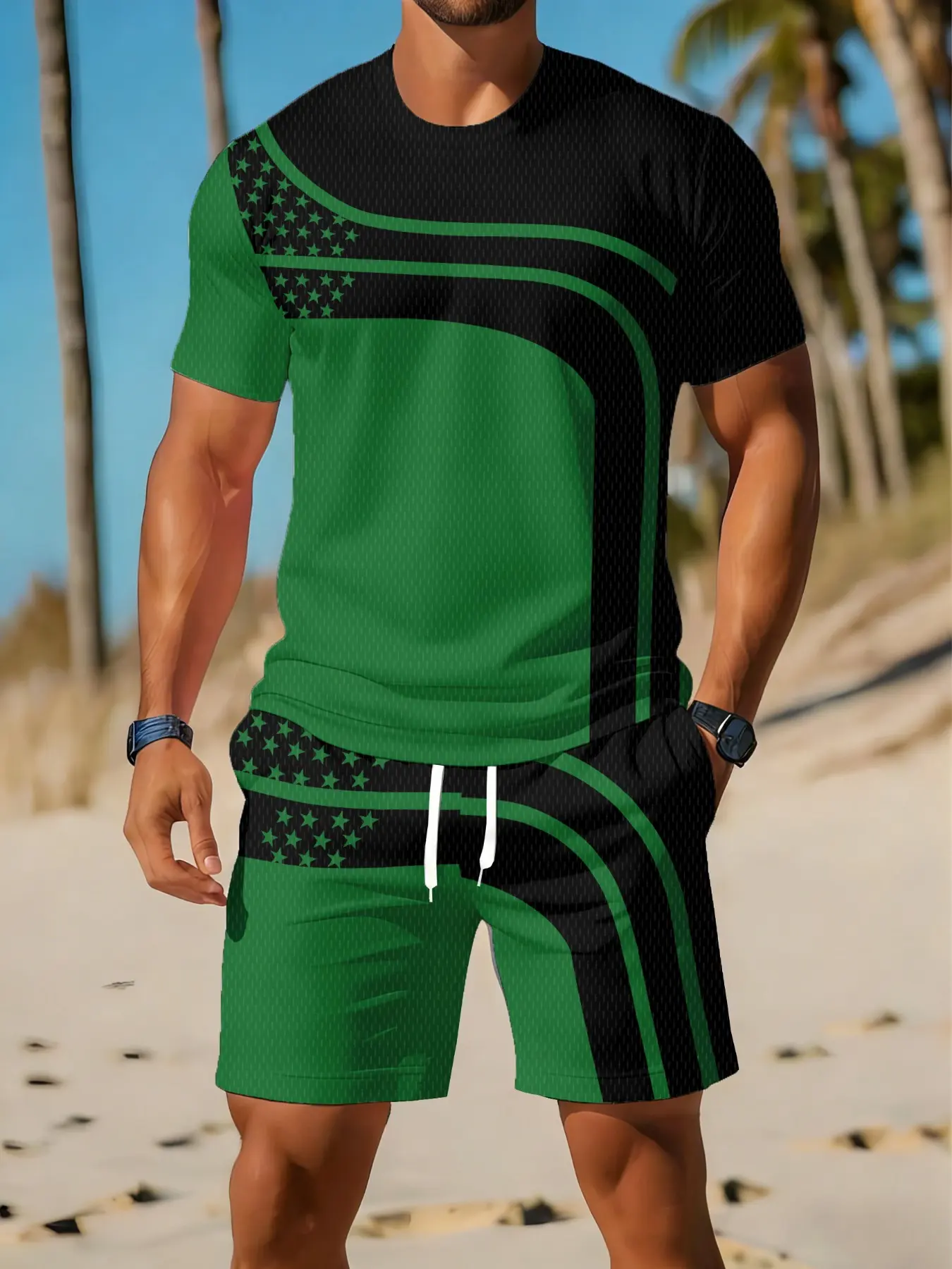 Men Star Stripes Print 2 Piece Matching Outfit, Crew Neck Short Sleeve T-Shirt & Drawstring Shorts Summer Beach Tracksuit