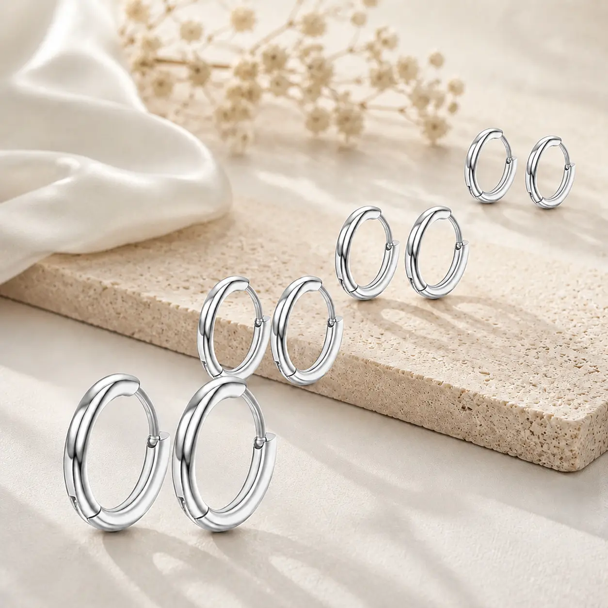 4 Pairs Stainless Steel Hoop Earrings Set Hypoallergenic Silver Hoops Multiple Sizes 8mm 10mm 12mm 14mm for Men Women