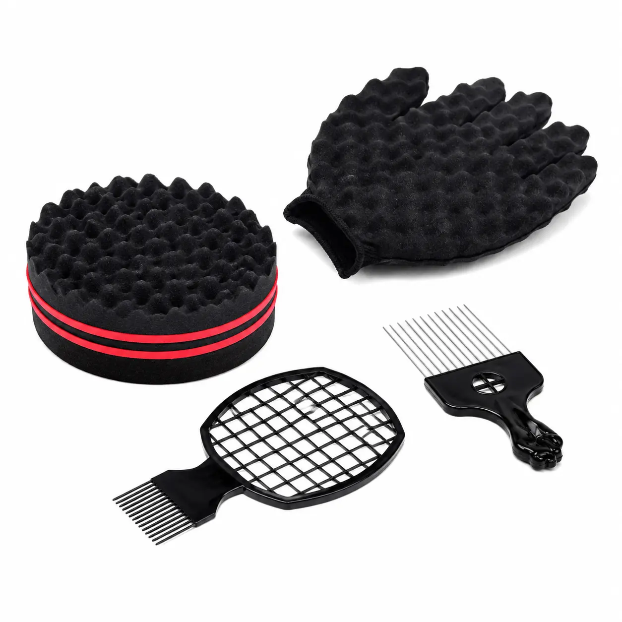 Professional Afro Hair Styling Kit with Soft Foam Curl Sponge, Durable Metal Pick Comb, Fine-Tooth and Wide-Tooth Styling Combs for Natural Texture Definition, Twist-Outs, Braid Prep, and Daily Maintenance—Black