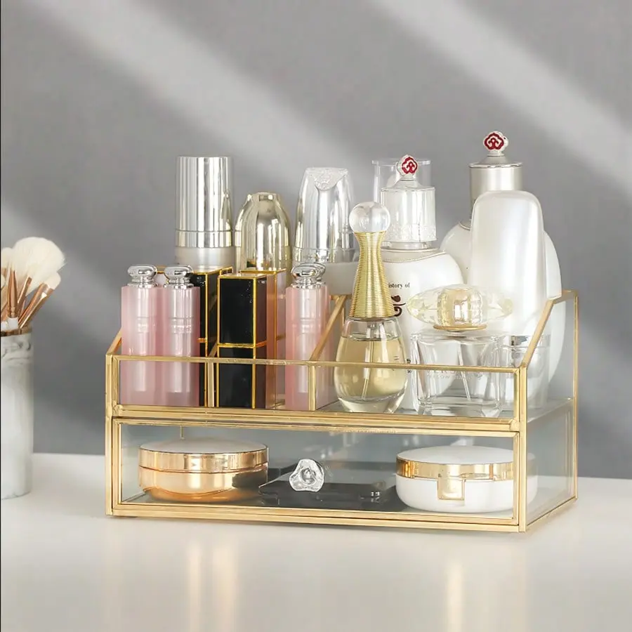 Glass Makeup Organizer, Clear Makeup Brush Organizer Jewelry Display Box, Gold Makeup Nail Polish Lipsticks Eyeliners Holder Organizer For Vanity Bathroom Office