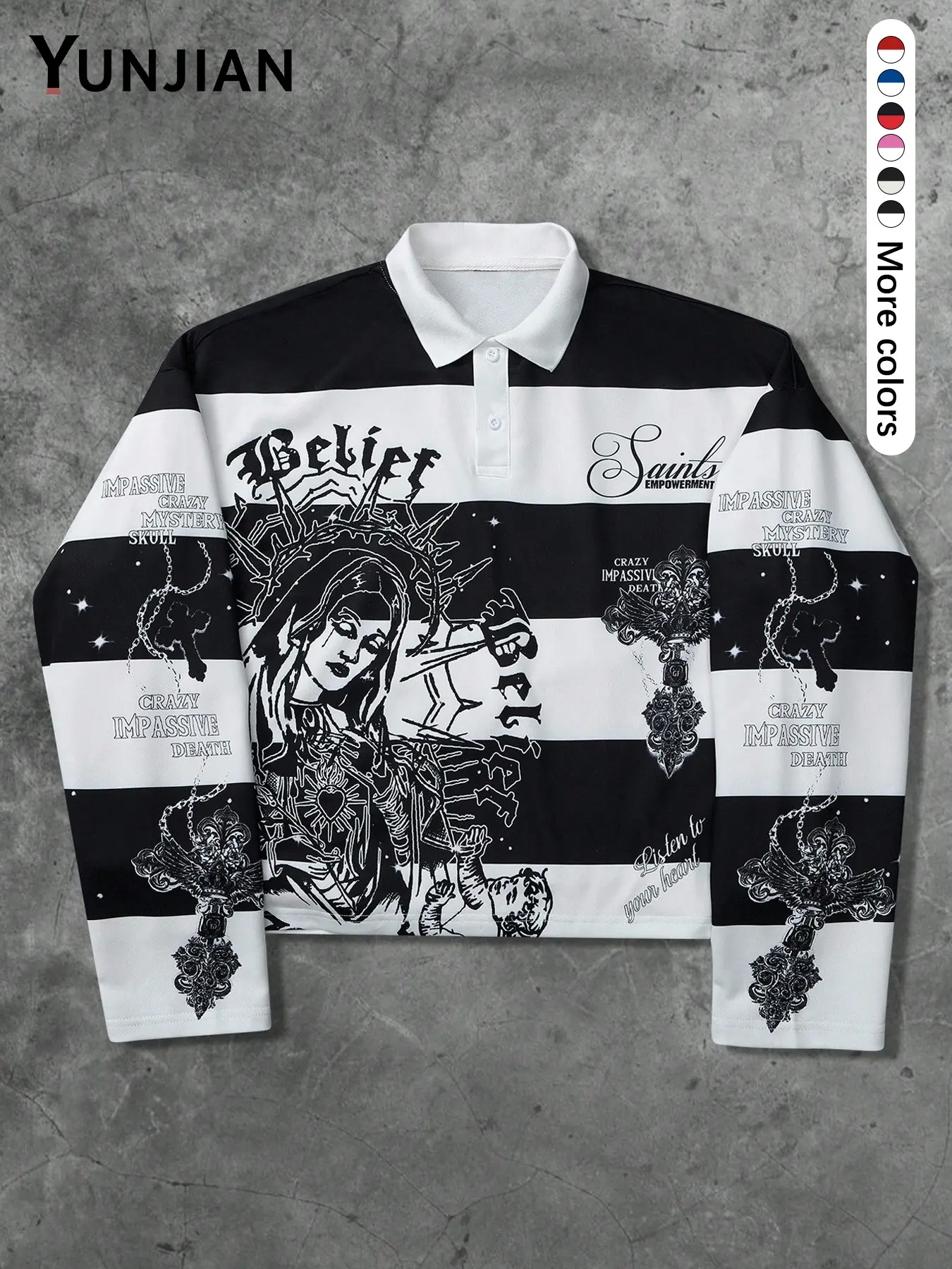 Men's Striped Long Sleeve Rugby Polo Shirt, Gothic Madonna Pattern Print, Loose Fit Casual Top, Breathable Streetwear, Fall Season