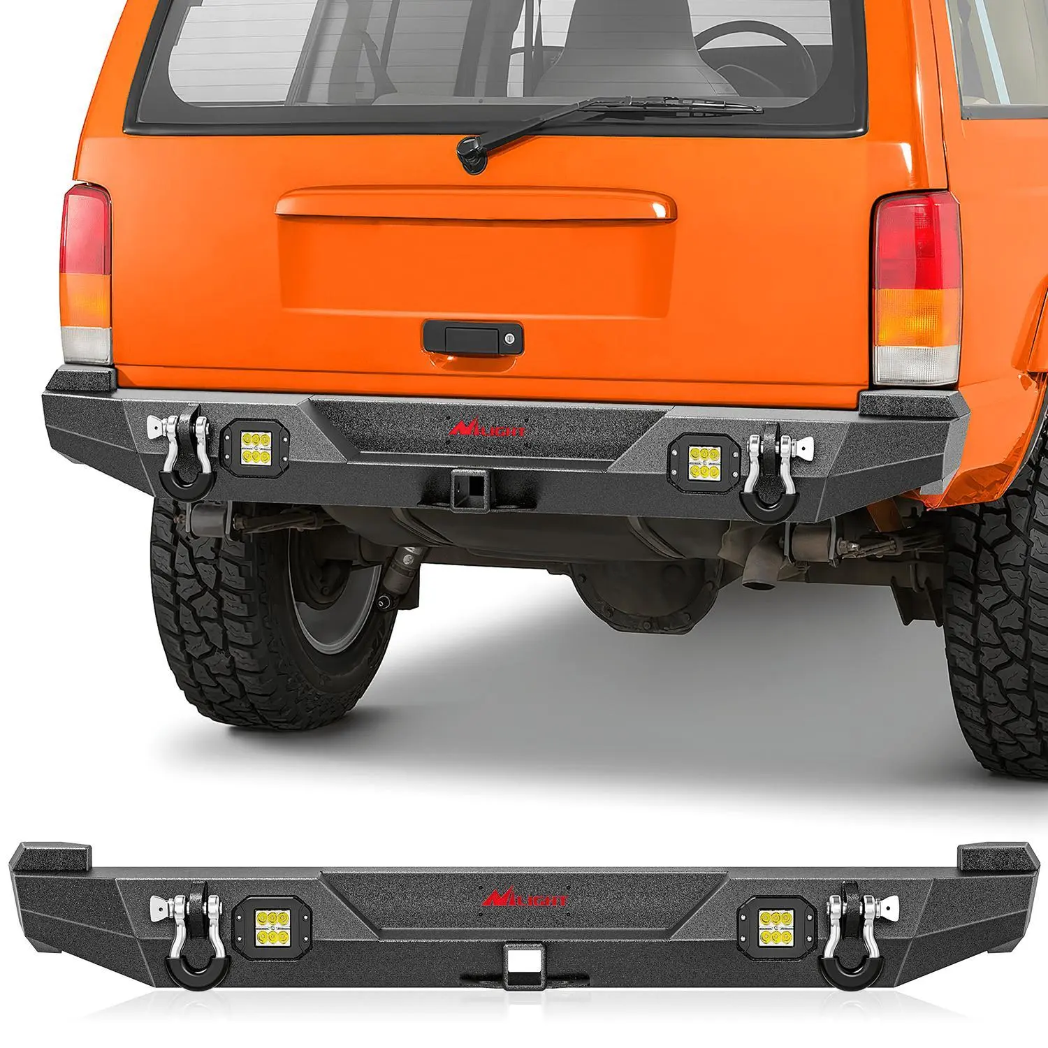 Nilight Iron Metal Corrosion-Resistant Rear Bumper for 1984-1996,1997-2001 Jeep Cherokee XJ, 2in Standard Hitch Receiver, 2pcs 4.75ton D-Ring Isolator, Upgraded 18W LED Light Pods, Textured Black Offroad Accessory, Led Lights, Off-Road, Two 4.75 Ton D-Rin