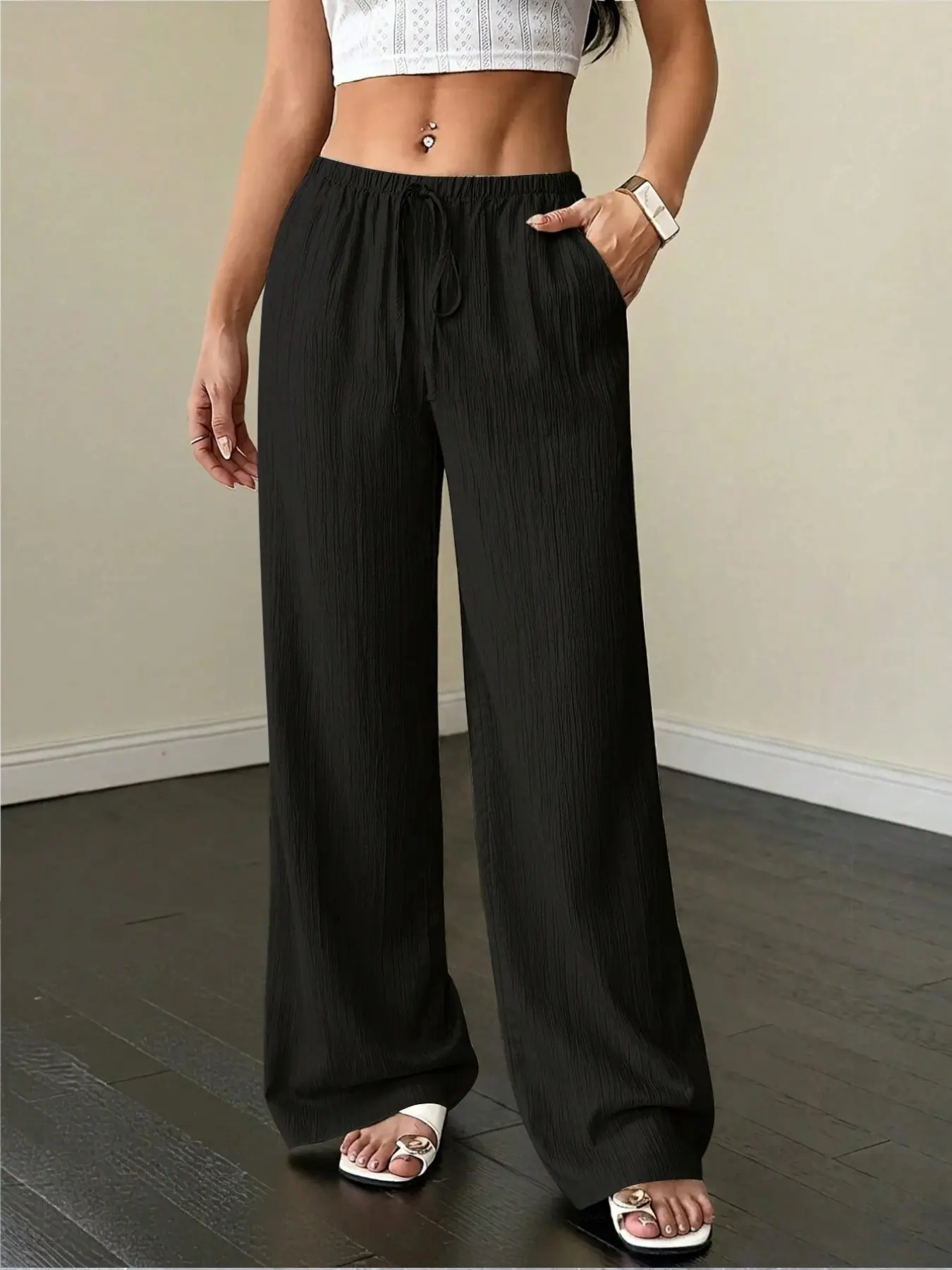 Priscilla Pants Textured Wide Leg Trousers, Elastic High Waist with Drawstring, Side Pockets, Loose Flowy Straight Fit, Casual Bohemian Streetwear, Lightweight Breathable Crinkle Fabric, for Daily Wear, Vacation, Beach, Shopping, Lounge Outdoor Wear for A