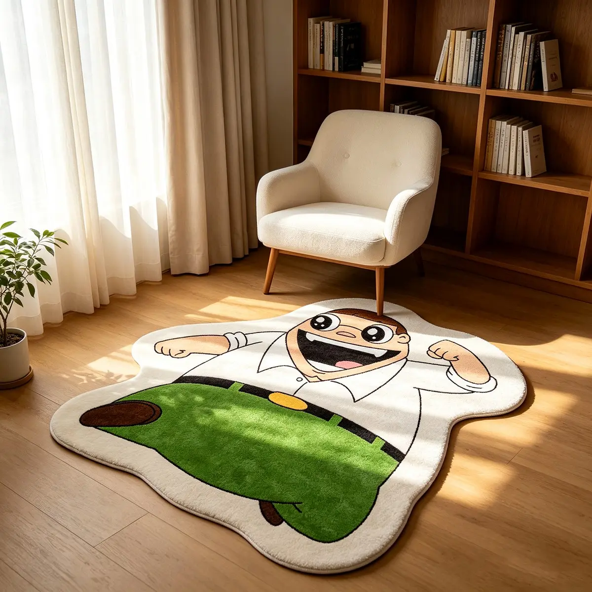 Cartoon Chubby Man Shaped Irregular Carpet, White Green Contrast Thin Flannel Carpet, Anti-slip Wear-resistant Carpet For Living Room & Bay Window, American Anime Trend Decorative Carpet, Matches Ins Style & Log Retro Style