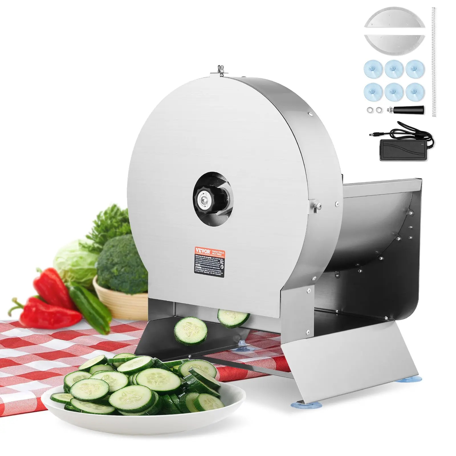 VEVOR Stainless Steel Electric Vegetable Slicer - 0-0.5"/0-12mm Thickness Adjustable, Convertible to Manual, Anti-Slip Surface, Large Feed Port for Moms in Commercial Kitchens to Cut Vegetables