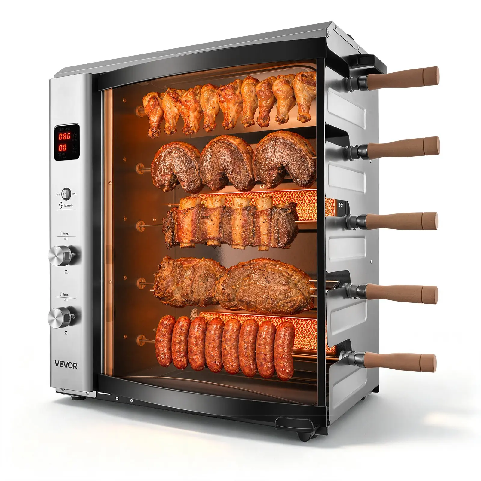 VEVOR Gas Heating Countertop Vertical Oven - Brazilian Flame, 5 Auto Rotate Skewer Arms, Curved Glass Door, Outdoor Rotisserie Shawarma Machine for Steak, Lamb Leg