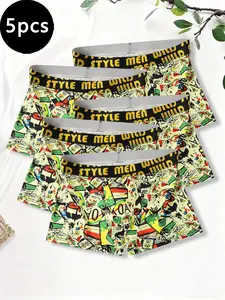 5-Pack Men's Graffiti Music Print Briefs, Vibrant Street Art Design, Daily Wear Breathable Anti-Roll Shorts, Comfortable Casual Underwear