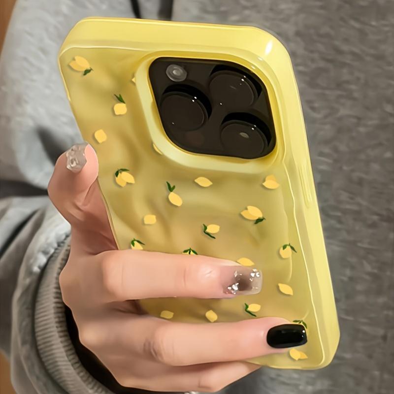 A protective case with a yellow lemon pattern design, featuring a wrinkled texture. This phone case is suitable for various iPhone models including 16/15/14/13/12/11 Pro Max/Plus. It's a popular birthday gift and business gift, durable and brand new, suit