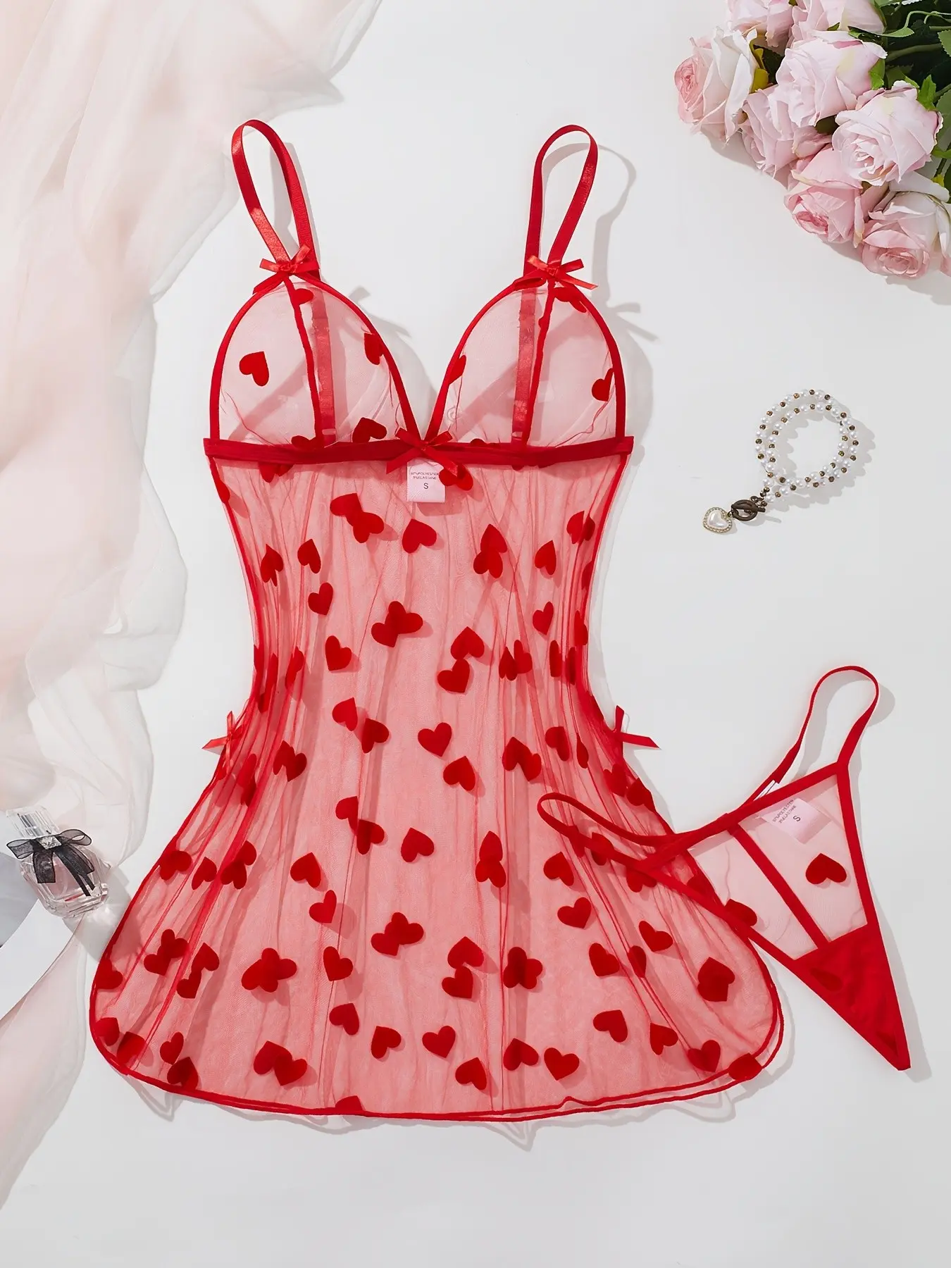 2-Piece Women's Mesh Dress and Panties Set, Sheer Panty Set, Sheer Floral Pattern, Full Coverage, Loose-Fit, Ideal for Dates, Valentine's Day, Home, Parties
