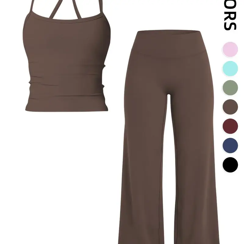 Women's Sporty Tank Top and Yoga Pants Set, Moisture-Wicking Elastic Workout, High Waist Wide Leg Pants, All Seasons Comfortable Fashion, Yoga Fitness Clothing
