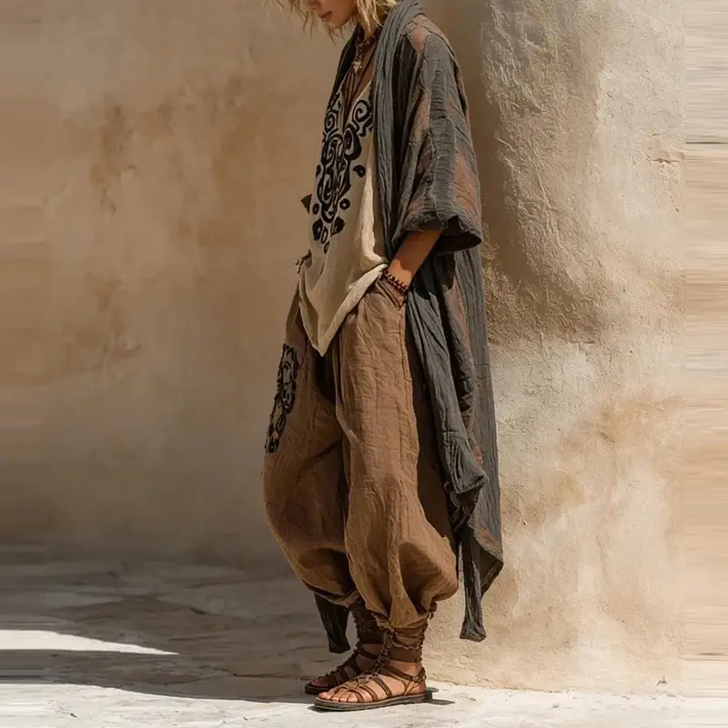 Vintage Pattern Three-Piece Women's Outfit | V-Neck Top, Shawl & Loose Pants | Breathable Spring Set