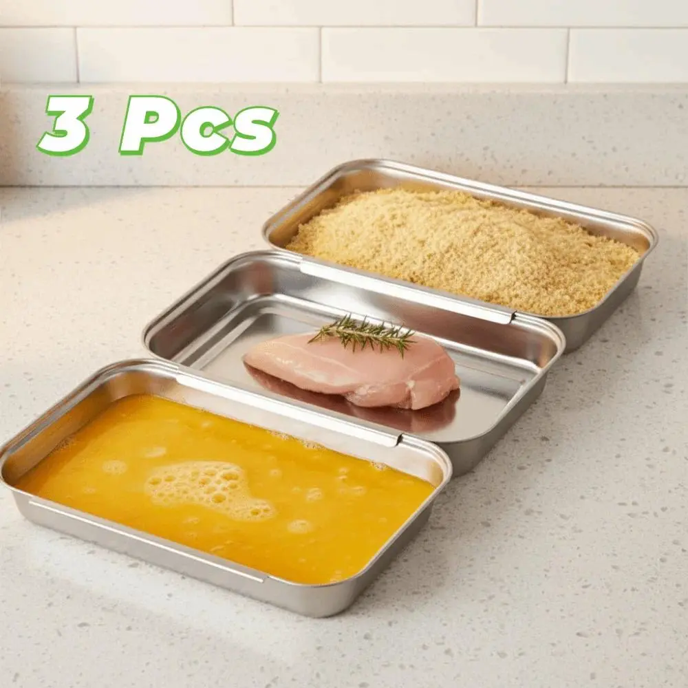 3PCS Interlocking Stainless Steel Breading Trays Set, 21.8x15.5cm Rectangle Stackable Pans for Marinating Meat, Heat-resistant Rust-proof Kitchen Baking Trays