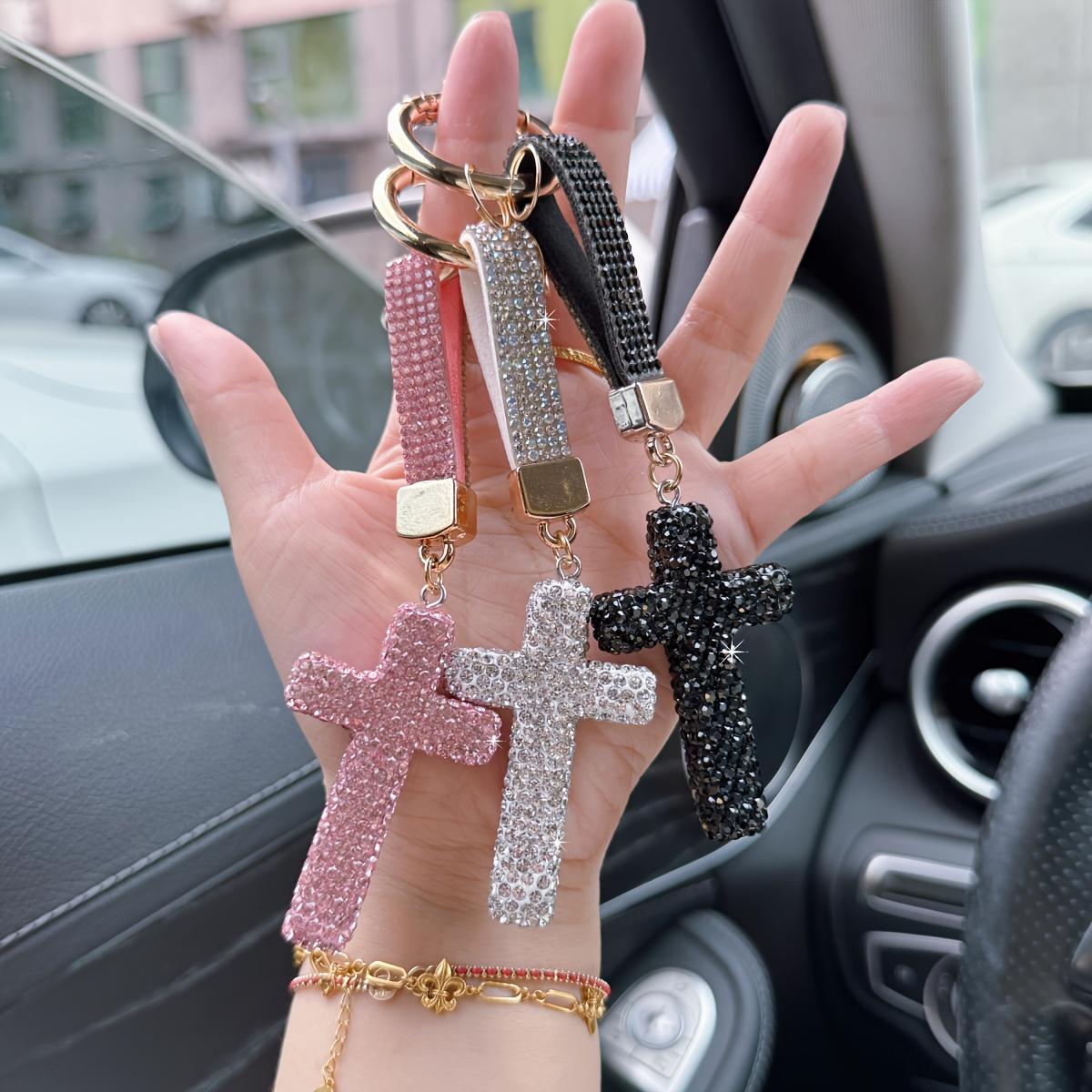 1Pc cross keychain lucky rhinestone sparkling keychain men's and women's car keyring rhinestone inlaid backpack pendant, alloy Easter gift first choice