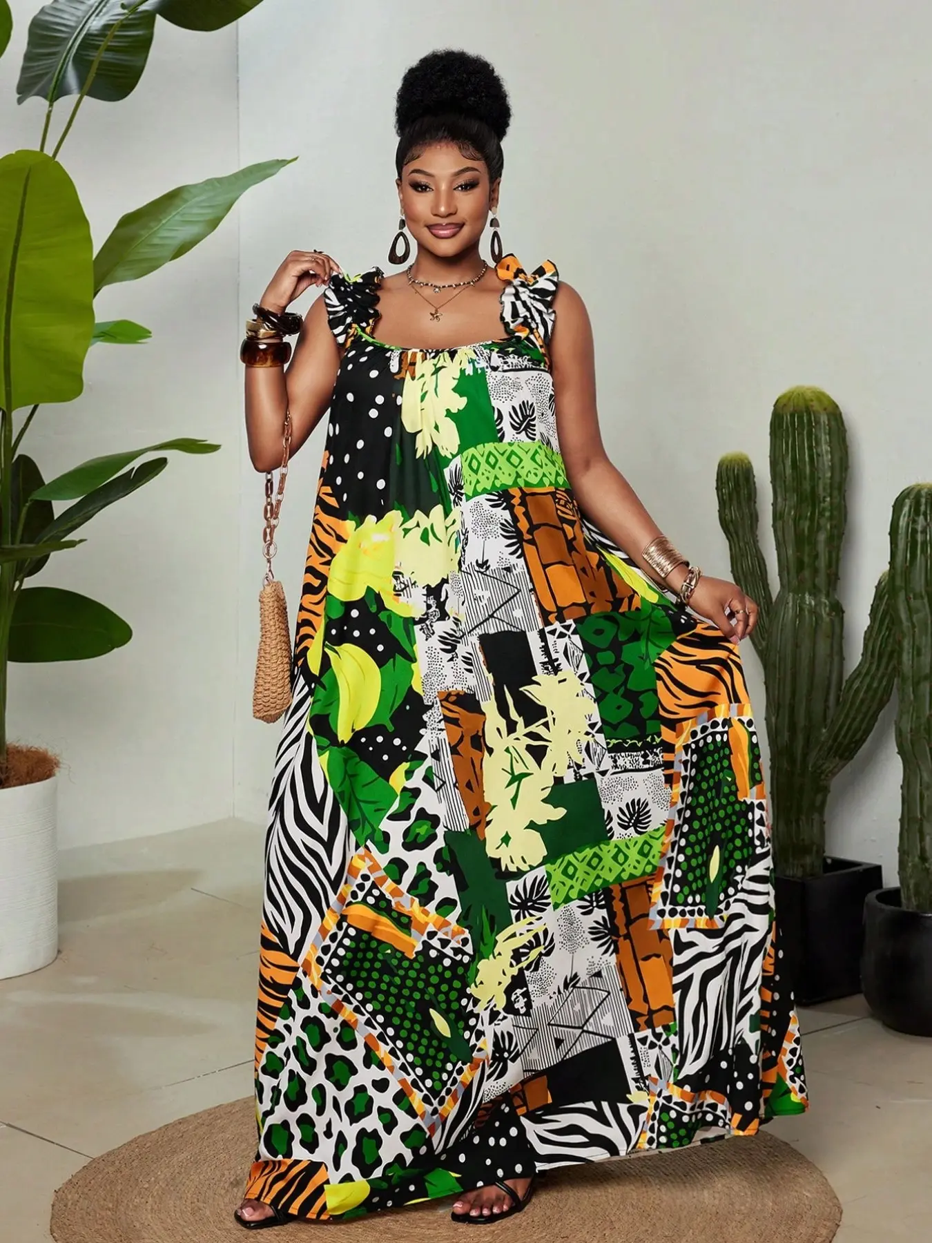 Plus Size Women's Contrast Print Summer Boho Vacation Dress, Multicolor Asymmetric Ruffle Strap Tropical Long Dress