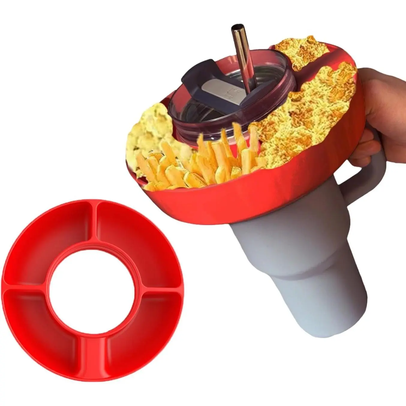 40 Oz Creative Compartments Snack Cup with Handle Silicone Snack Bowl,4 Compartments Compatible,Reusable Snack Ring Suitable for Car Cup Holder,Home,Outdoor