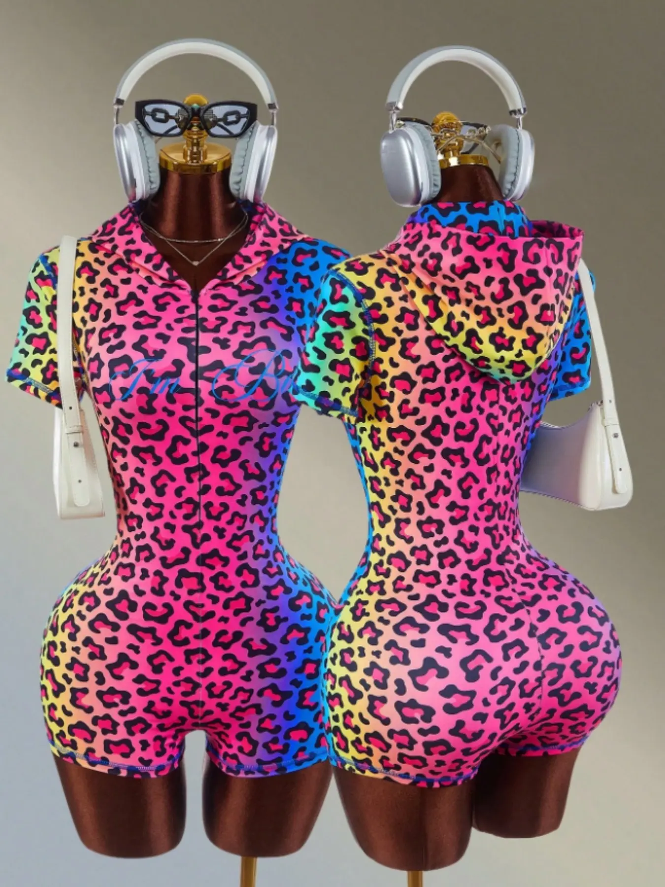 Women's Sport Jumpsuit, Leopard Print, Zipper Design, Short Sleeve with Hood, Fashionable Fitted Jumpsuit for All Seasons