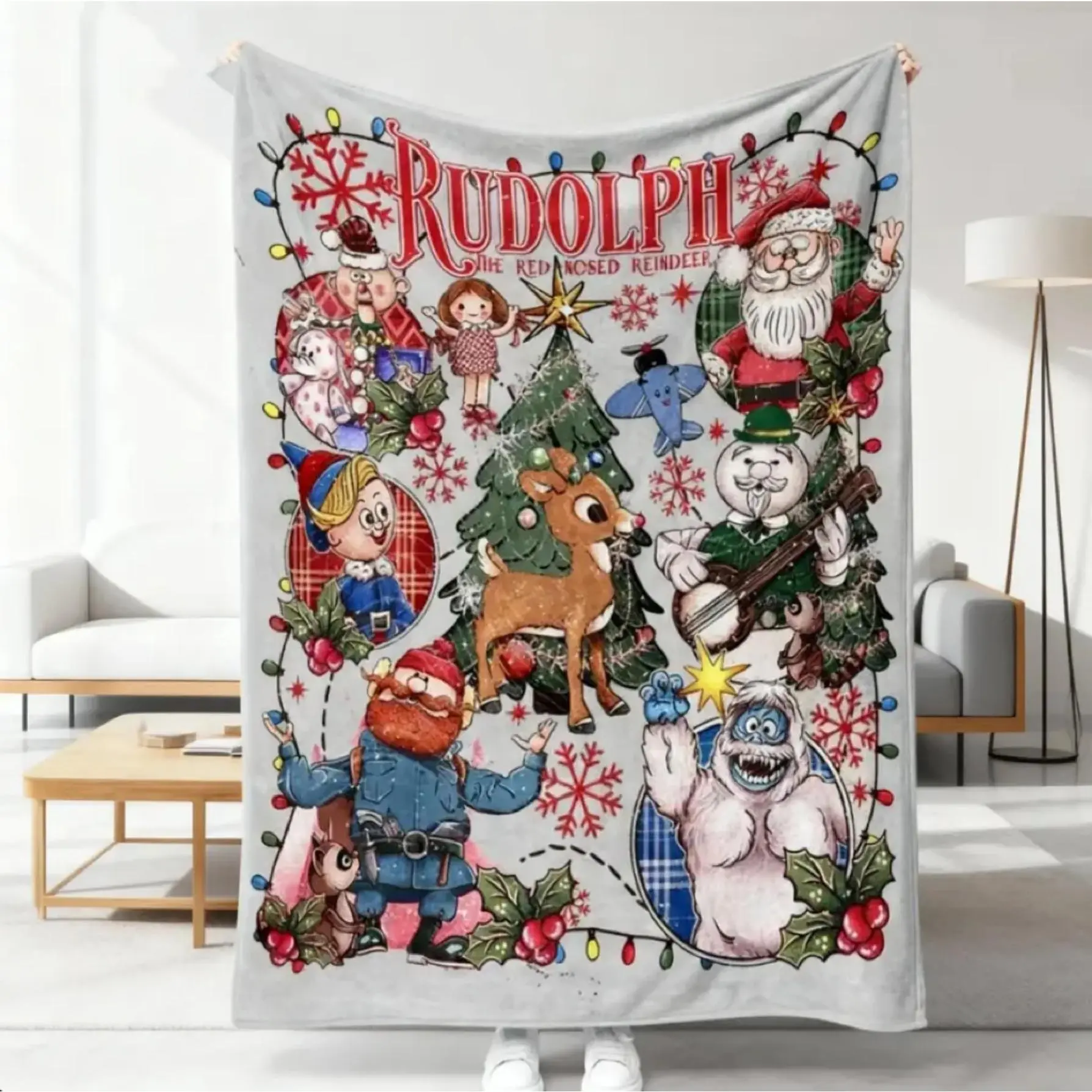 Rudolph the Red-Nosed Reindeer Christmas Flannel Blanket Soft Warm Holiday Plush Fleece Throw Cozy Retro Y2K Winter Room Decor Bedding Couch Sofa Cover Movie Night Gift