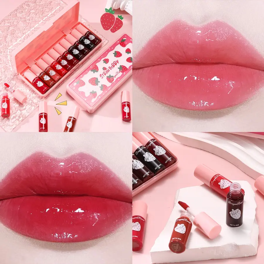 Strawberry Dyed Velvet Lipstick Set, Long Lasting Hydrating Liquid Lip Gloss, Moisturizing Lip Stain, Suitable for All Occasions Lip Makeup, Girls and Women Makeup Accessories