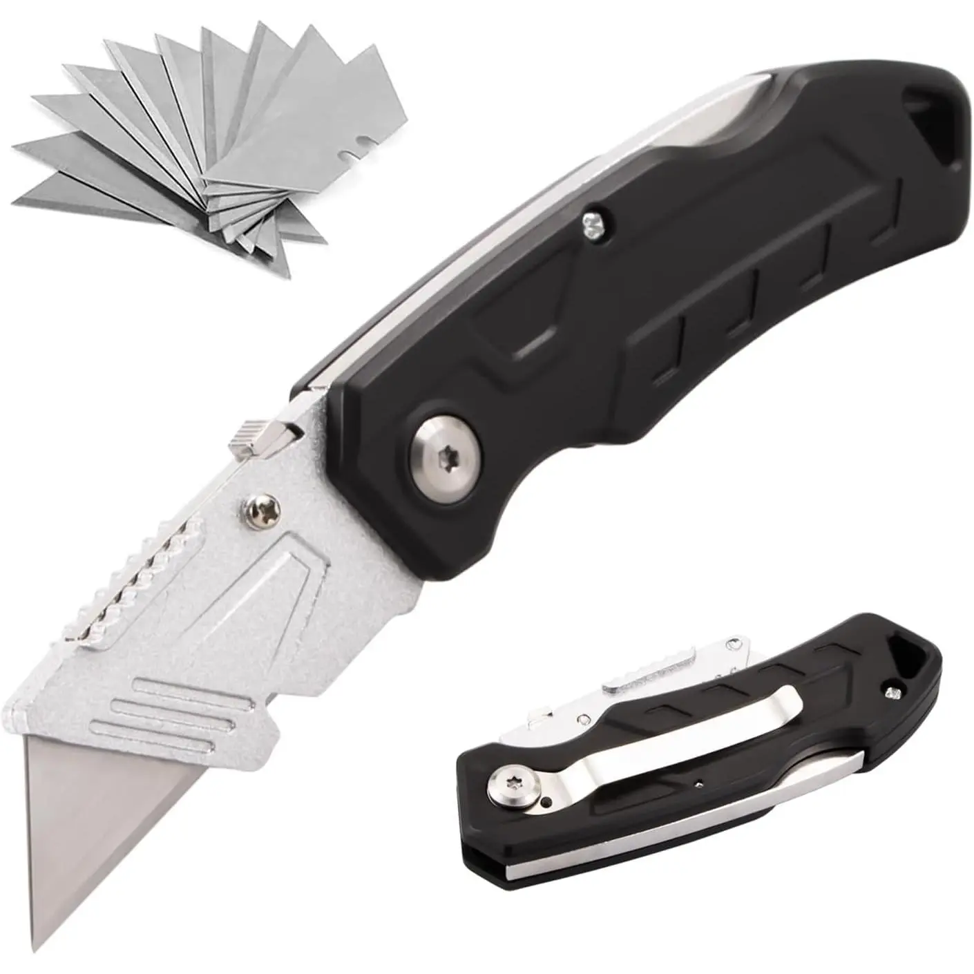 Box Cutter with 10 Extra Blades, Heavy Duty Folding Utility Knife  Cardboard, Carton, Carpet Cutting, Anti-slip ABS Handle, Quick Replace Blade
