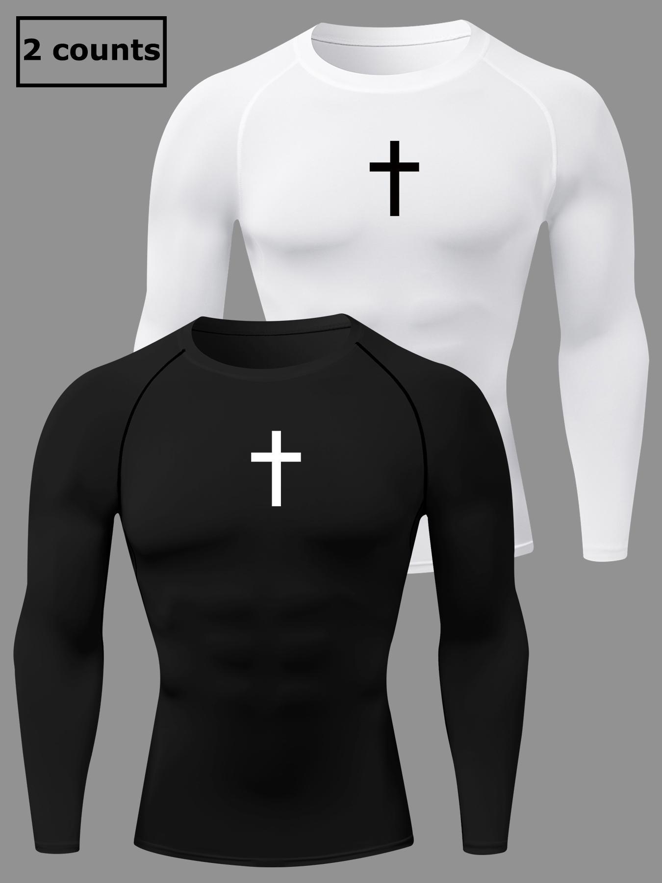 Men's Cross Print Round Neck Sports Tee, Tight Sporty Quick Drying Breathable Long Sleeve T-shirt, Men's Sportswear for Spring & Fall Gym Workout, Athletic Style High Performance Activewear