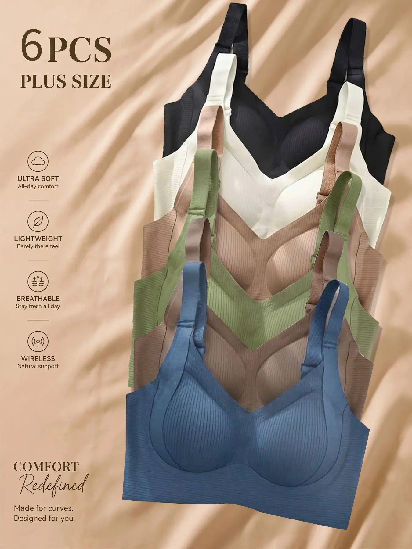 6-piece set of super soft seamless bras with adjustable straps, wireless design, gentle support, and breathable comfort, perfect for everyday wear