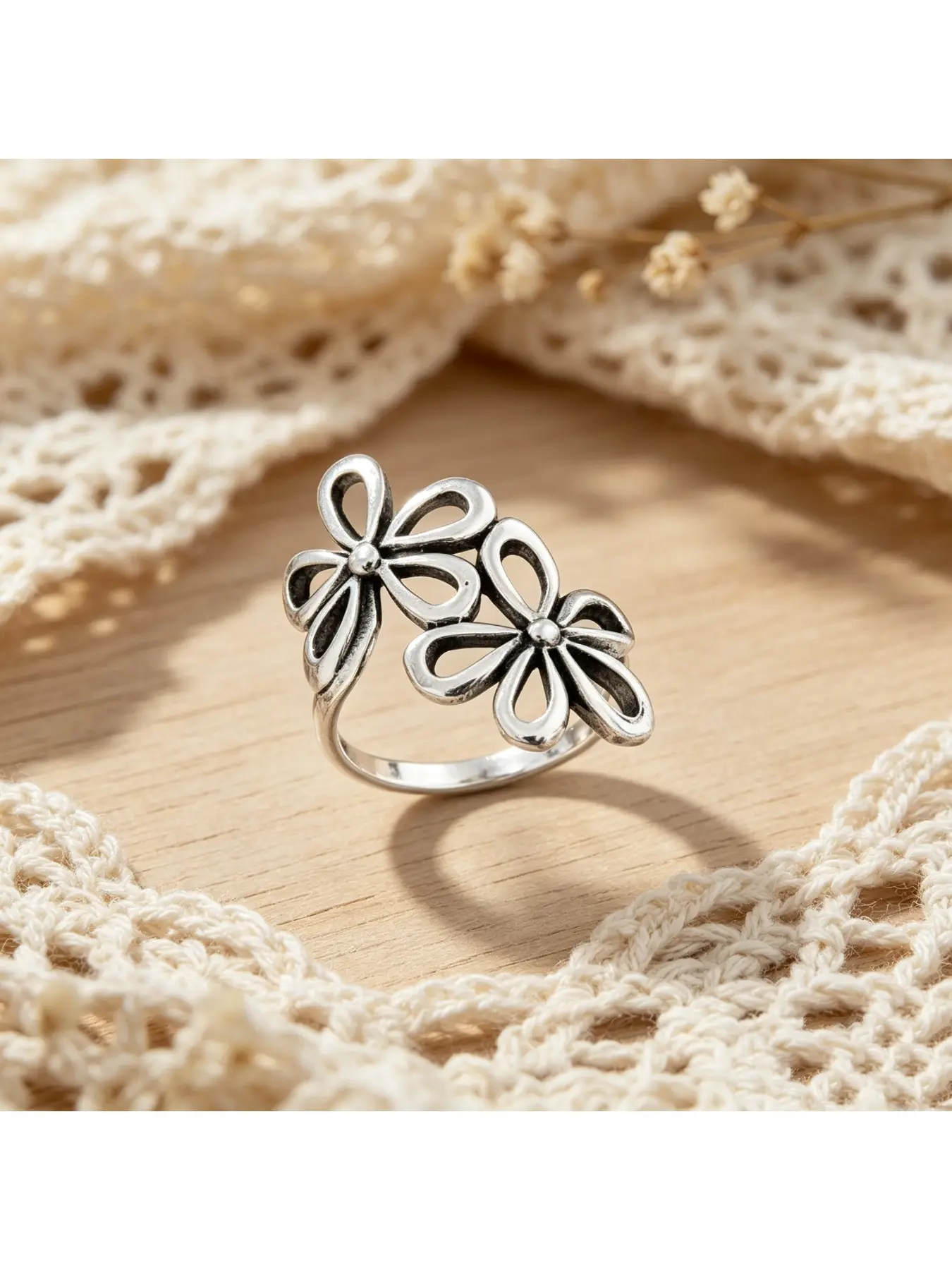 Tarnished Hollow Dual Five-petal Flower Adjustable Silver Woodland Women Halo Ring, Layered Engagement Ring, Delicate Valentine Gift, Picnic Party Ring, Slim Daily Stack Ring for Engagements, Easter Gifts and Casual Layered Daily Outfits