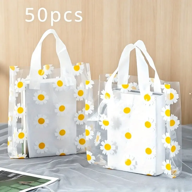 50pcs small daisy transparent plastic handbag fresh ins wind gift bag can hold boxes, cosmetics, bouquets and other items, clothing store shopping bags, gift storage and other scenes with high cost performance.