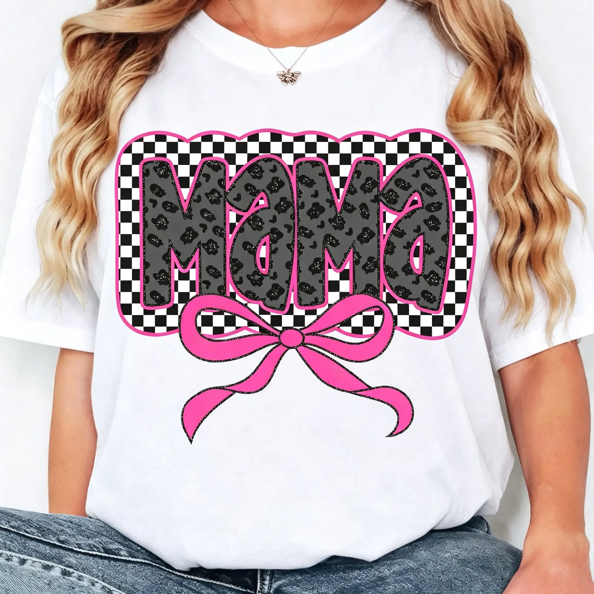Pink Mama Coquette Bow T-shirt -, Mama Checkered Shirt, Mama Varsity, Mother's Day, Fabric Soft Top Womenswear