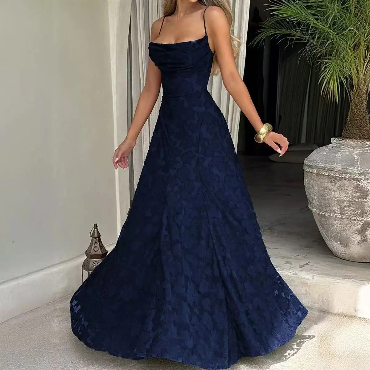 Lady's Elegant Burgundy Sleeveless Spaghetti Strap High Waist Lace-Up Backless Flared Long Formal Dress, Ideal for Christmas, New Year Formal Wear