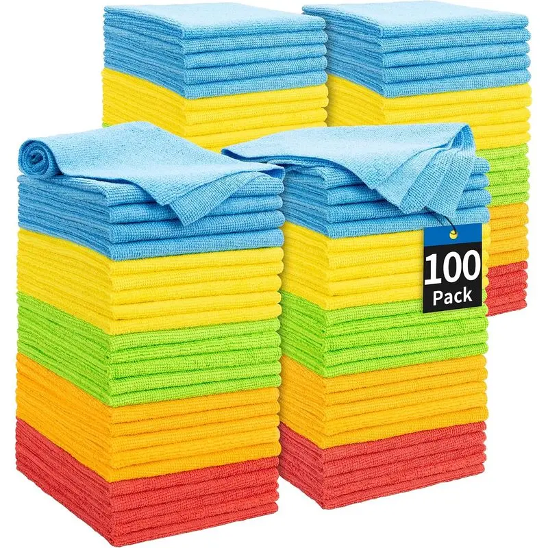 Microfiber Cleaning Cloth, 100 Pack Cleaning Rags Microfiber Towel Bulk Absorbent Lint-Free Wash Cloths, All-Purpose Shop Towels for Cars, Automotive, Garage, Home & Kitchen 11.5"*11.5"