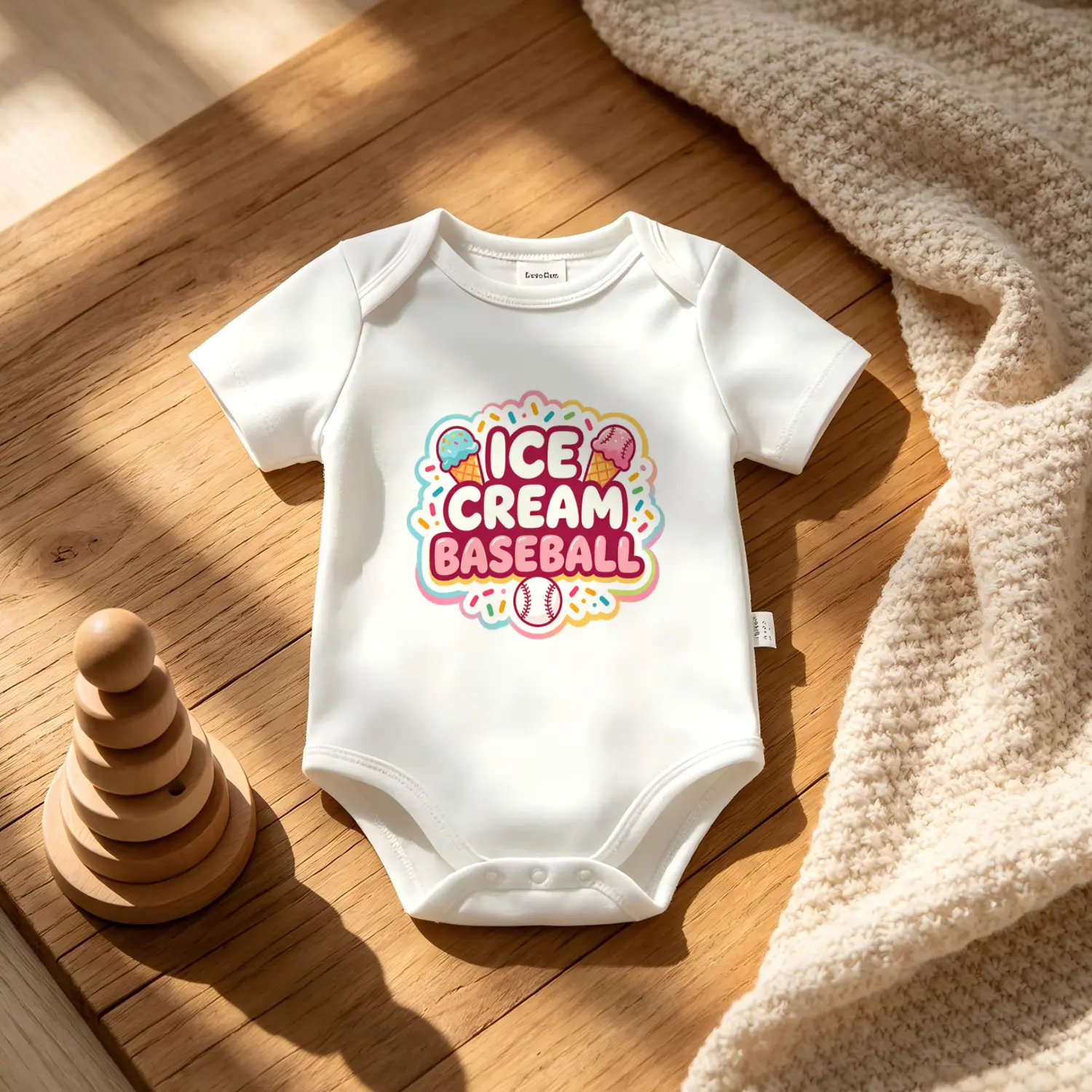 Unisex Soft Breathable Cotton Short-Sleeve Ice Cream Baseball Baby Onesie - Minimalist 0-2 Years Newborn Essential, Holiday/Birthday Summer Baby Shower Gift