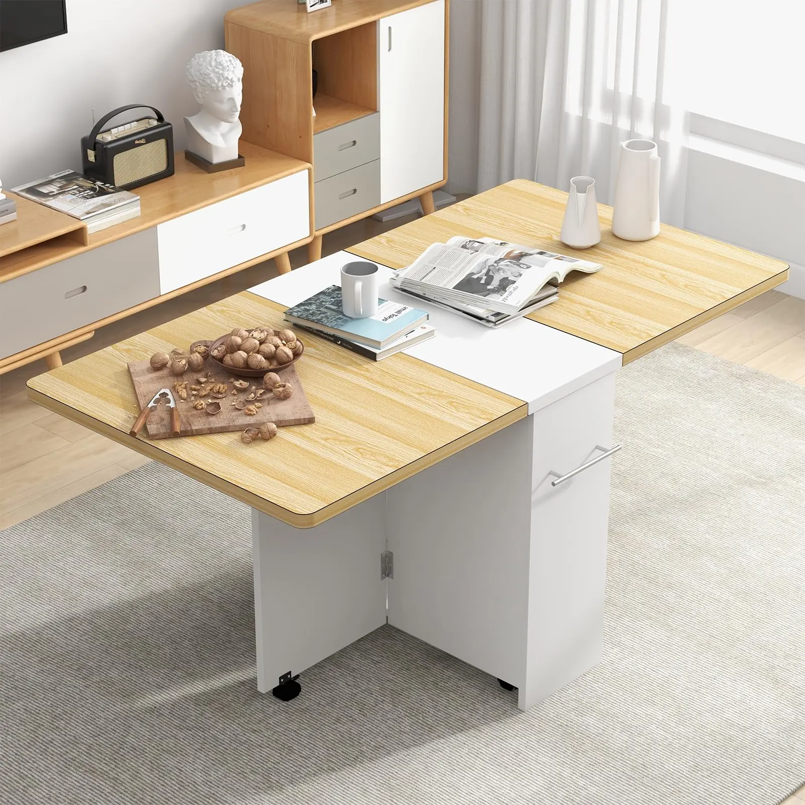 Garvee Space-Saving Folding Dining Table with Drop Leaf, 2-Tier Storage Shelf, 6 Lockable Wheels, Collapsible Extendable Table for 4, Multipurpose Wood & White Desk for Apartments and Dining Rooms
