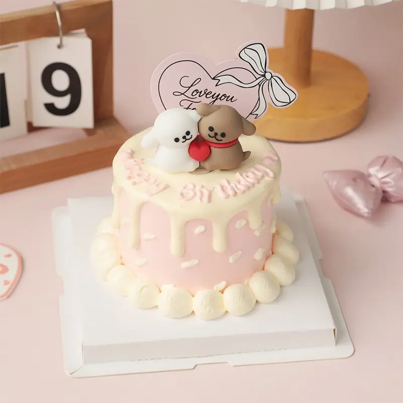 Couple Dog Love Heart Bowknot Cake Decorations, Insertable Card Line Puppy Baking Cake Accessories, Party Cake Inserts