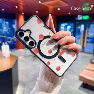 Phone Case: Sweet Red Cherries with Green Leaves and Tiny Hearts Charm Black Border Magnetic Phone Case, Anti-Yellowing, Slim Lightweight & Bare Feel, Luxury Premium Design for Samsung Galaxy S22 S23Fe S24 S25 Plus Ultra, Trendy & Perfect