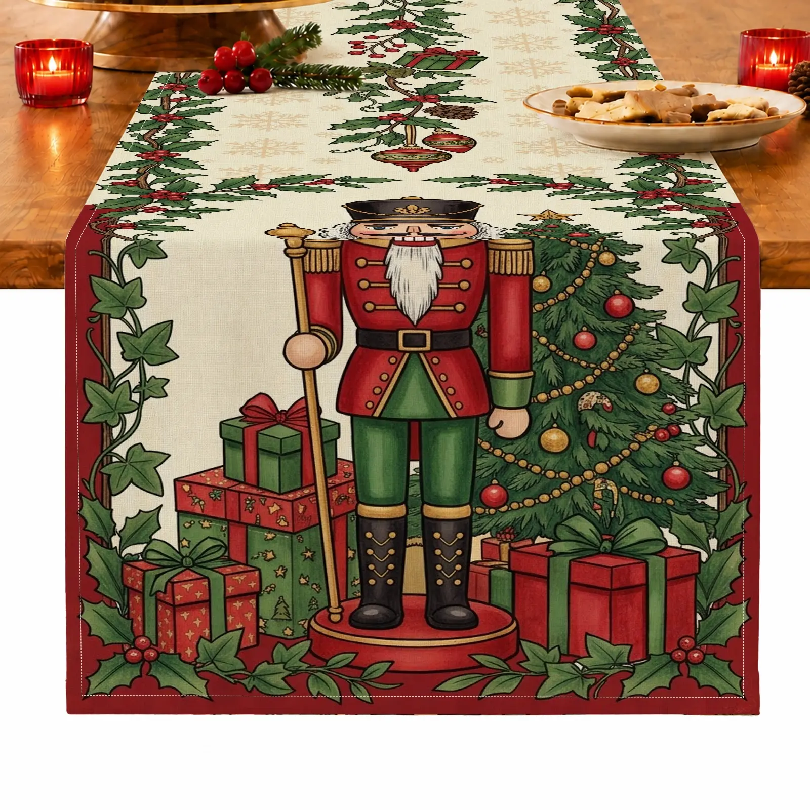 1pc Nutcracker Christmas Tree & Gift Box Table Runner, Vintage Christmas Style, for Dining Table, Kitchen, Dining Room & Home Decor, Christmas Table Decoration and Festive Home Decor