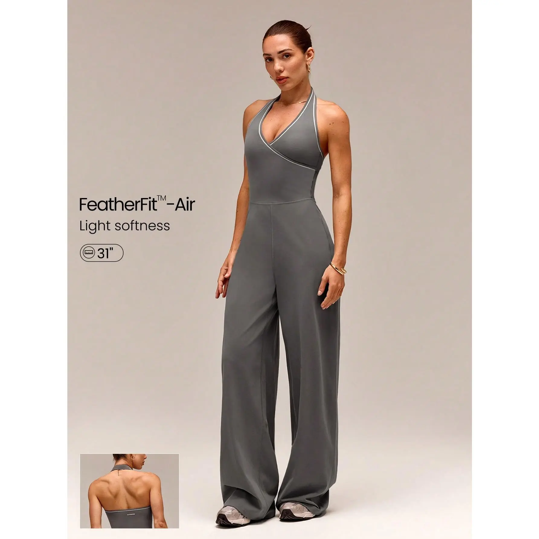 GLOWMODE 31" FeatherFit-Air UPF50+ Chase Your Glow Wide-Leg Contrast Trim V-Neck Adjustable Halter Jumpsuit With Removable Cups Daily Casual Summer Wear