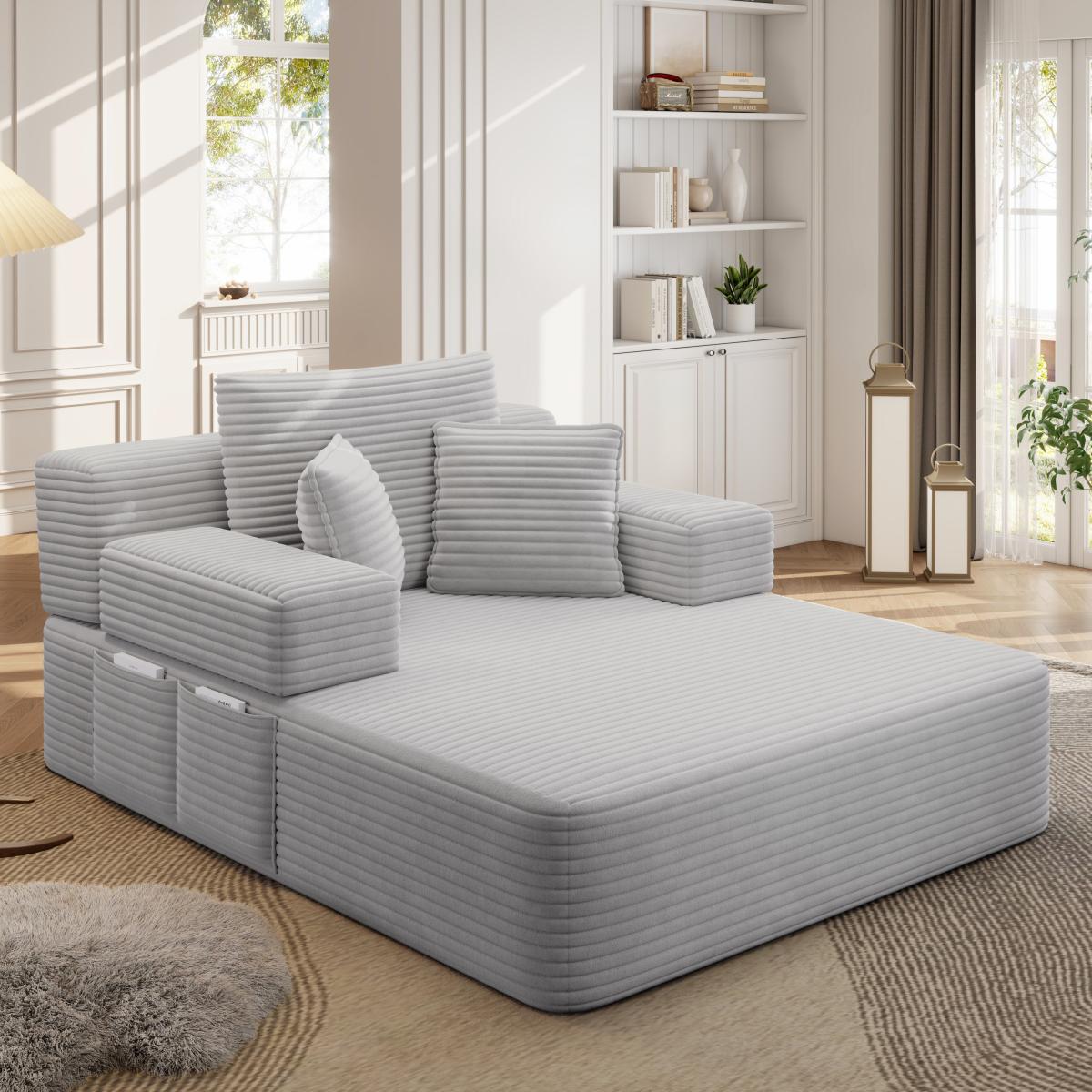 Luxurious Plush Corduroy Chaise Lounge with 3 Pillows, Convertible Sofa Bed with Storage Pocket, Frameless Design & Compression Foam for Small Spaces, Living Room, Apartment,Light Grey