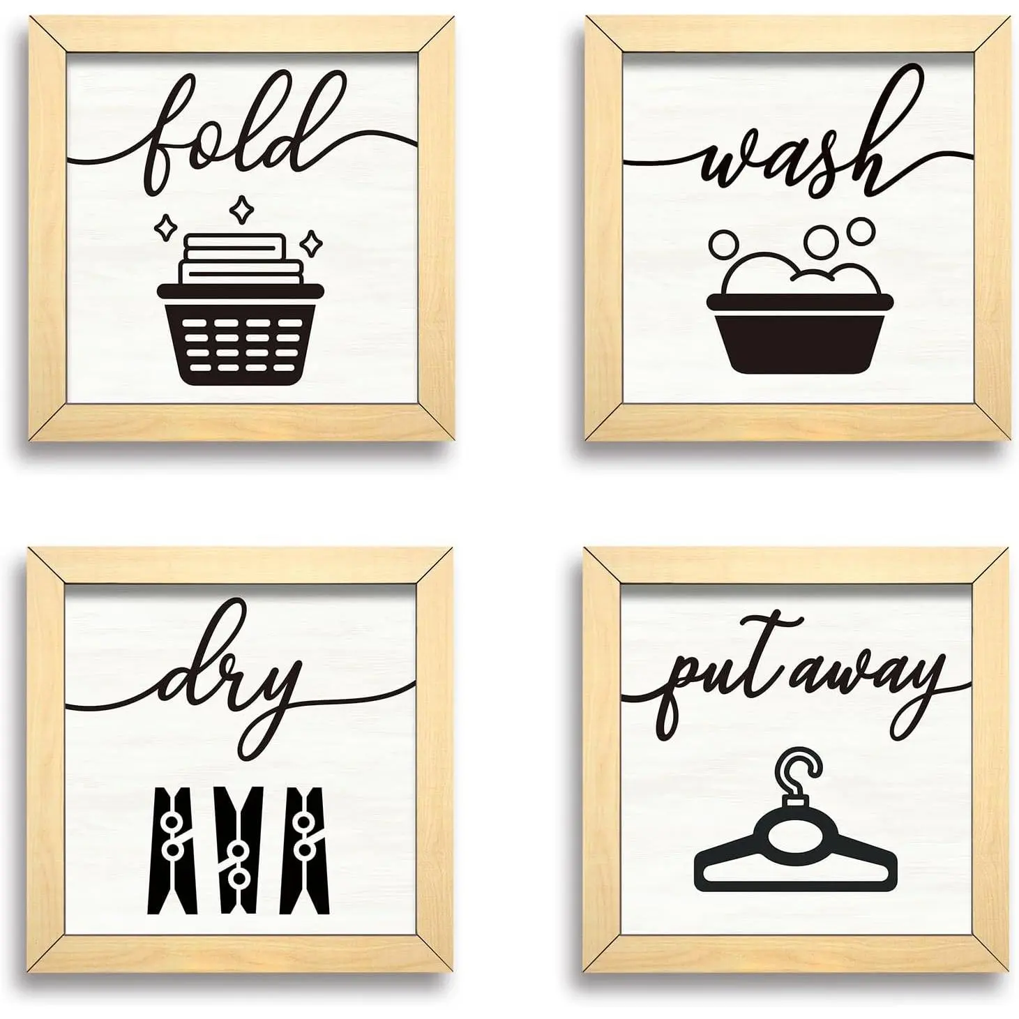4 Pcs Laundry Room Decor With Wood Frame Laundry Room Wall Decor |   Wash Dry Fold Put Away Laundry Sign, Farmhouse Rustic Wall Art Laundry Room Sign for Home, School, 8'' X 8'' Inches (L)