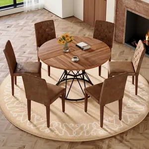 Aobtkel Round Dining Table and Chair Combo Item - 47.3in Walnut MDF Table with Black Hourglass Metal Brackets, 6 Brown Suede Fabric Chairs with Button-Tufted Backrest, 29.5in Height, for Kitchens & Rustic Charm Dining Room Sets