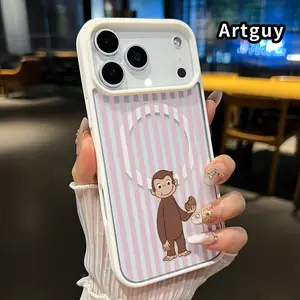 Magnetic Phone case for iPhone 17 16  Pro Max Plus 15 14 13 12 11 Air E Monkey with Cookie Striped - Monkey Scene Cookie - loving Primate Pattern Non-Yellowing Shockproof Soft Silicone Transparent Acrylic Cover Supports Wireless Charging