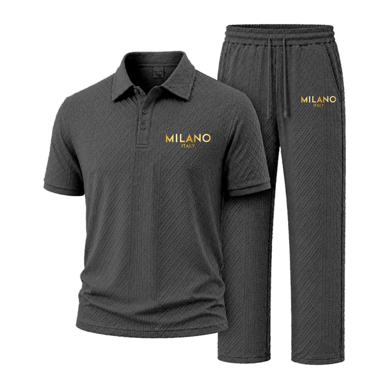 Men’s 2-Piece Golden Monster Print Polo & Long Pants Set, Jacquard Text Streetwear Outfit, Lightweight Breathable Fabric Summer Sport Matching Set