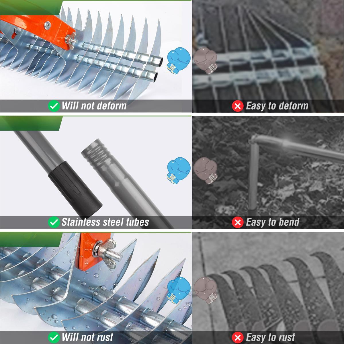 Thatch Rake, 15-Inch Lawn Thatching Rake, Robust Dethatcher Rake, Efficient Steel Metal Rake with Handle, Versatile Grass Grooming Rake for Cleaning Dead Grass