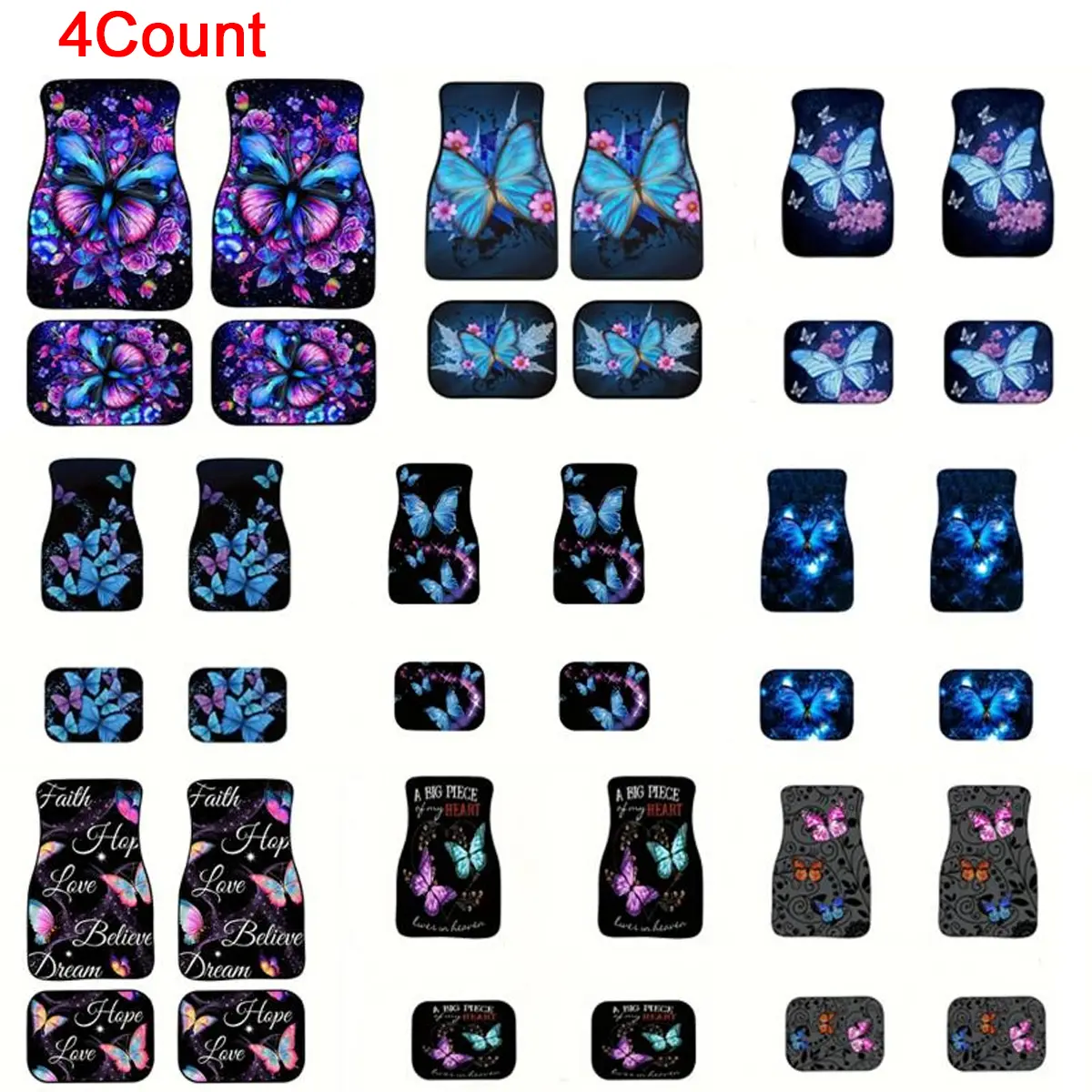 Butterfly Printed Car Floor Mats Set, 4pcs Front & Rear Protector Pads, Universal Fit for Cars, Sedans, Suvs, Vans, Auto Interior Accessory